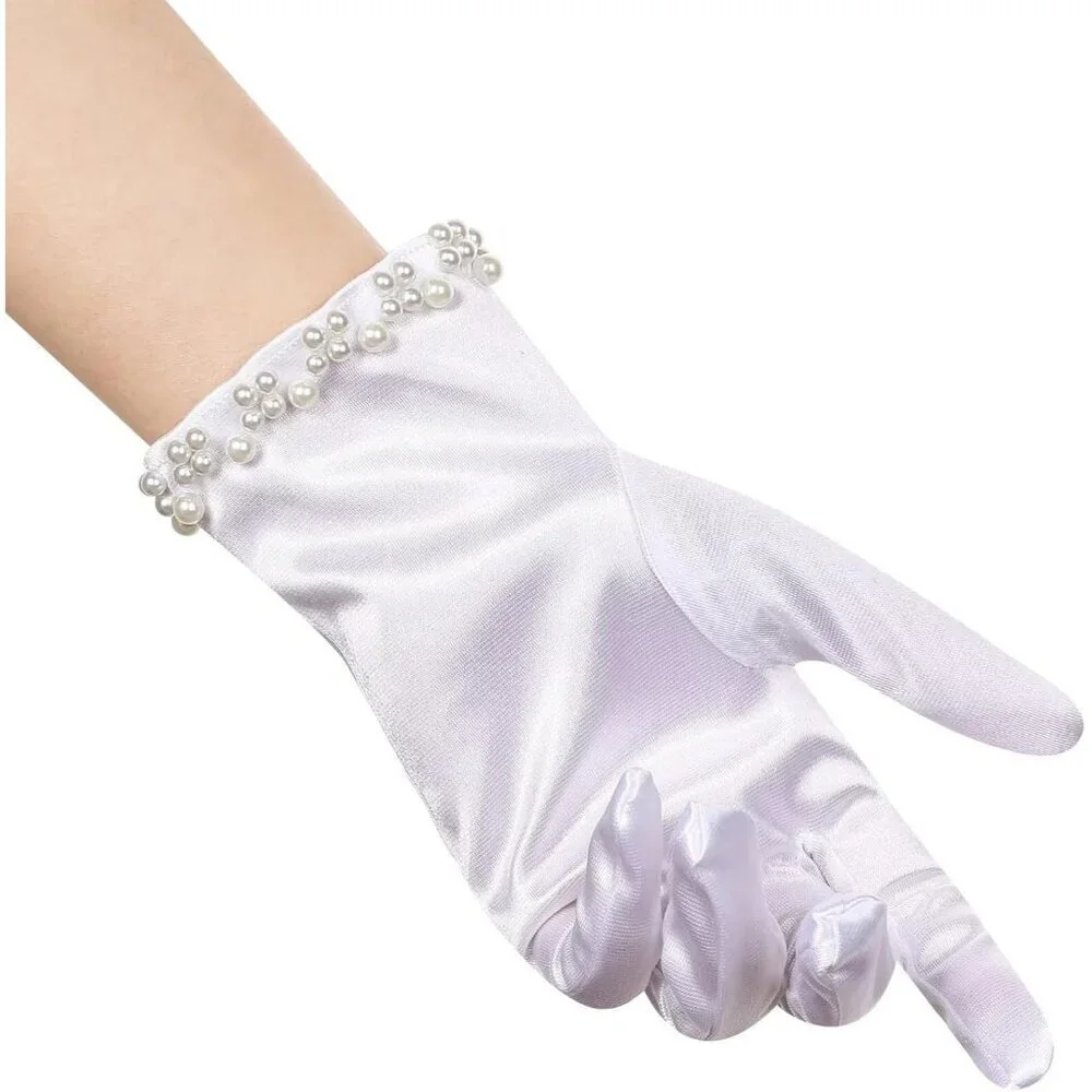 Women's White Satin Pearl Short Length Wrist Gloves Wedding Banquet Party Prom